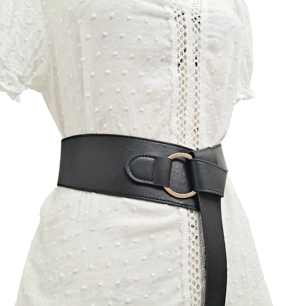 Black Wide Waist Belt with Gold Ring Accent